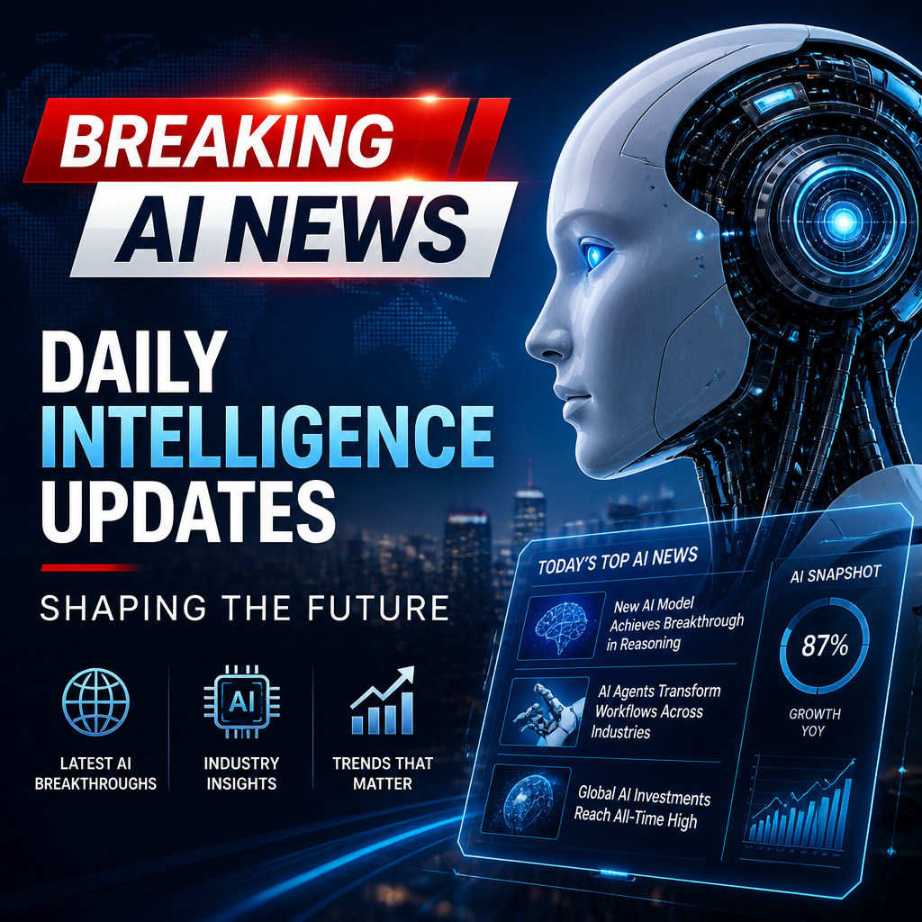 Futuristic humanoid robot beside a “Breaking AI News” banner highlighting daily intelligence updates.