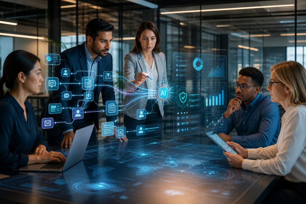 Business team collaborating around a digital table with AI dashboards and data visualizations