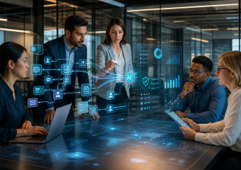 Business team collaborating around a digital table with AI dashboards and data visualizations