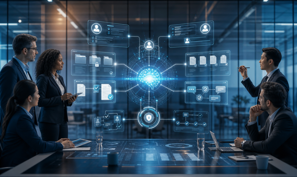 Business team reviewing AI-powered document management, workflow, and security systems in a conference room