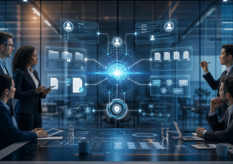 Business team reviewing AI-powered document management, workflow, and security systems in a conference room