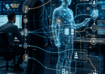 Businessman viewing a glowing digital human surrounded by data, workflow, security, and analytics icons in a control room