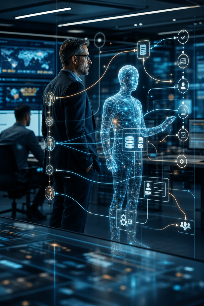 Businessman viewing a glowing digital human surrounded by data, workflow, security, and analytics icons in a control room