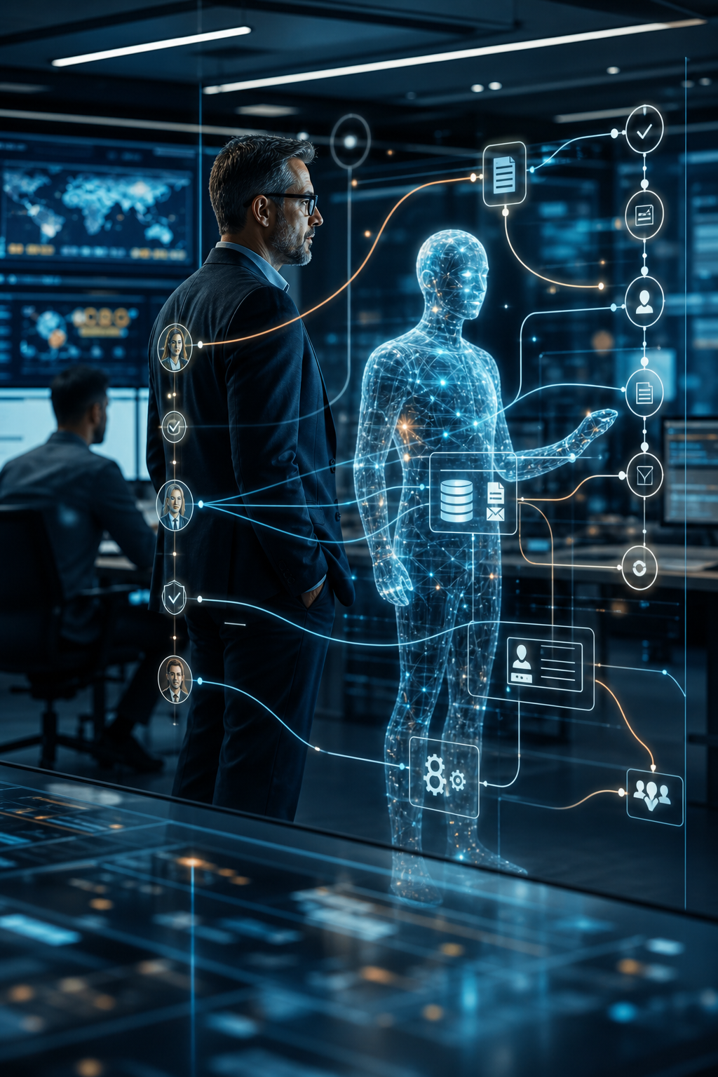 Businessman viewing a glowing digital human surrounded by data, workflow, security, and analytics icons in a control room