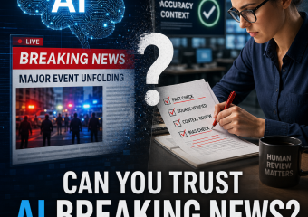 AI breaking news graphic showing human fact-checking to verify sources and prevent misinformation.