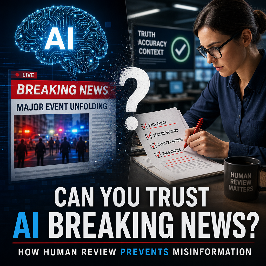 AI breaking news graphic showing human fact-checking to verify sources and prevent misinformation.