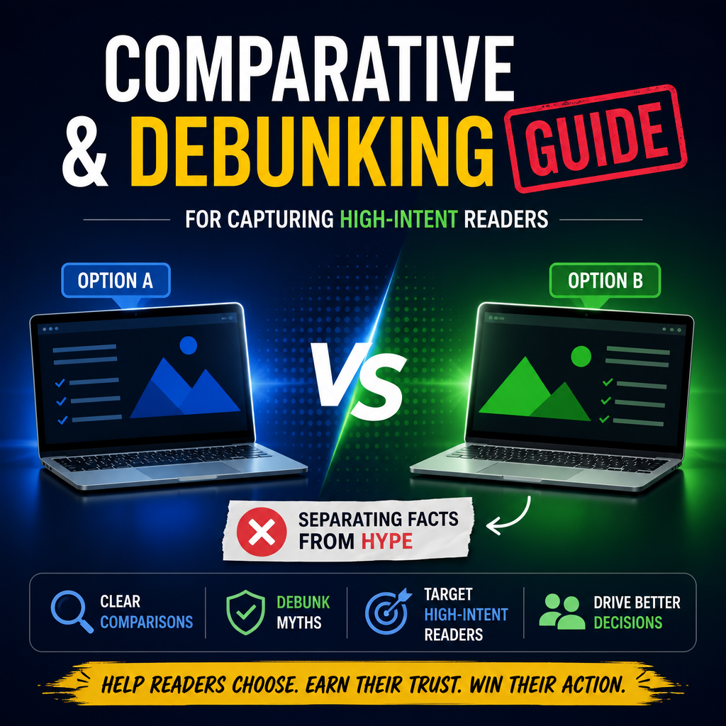 Comparative debunking guide with two laptops and fact-checking options for choosing trustworthy information.