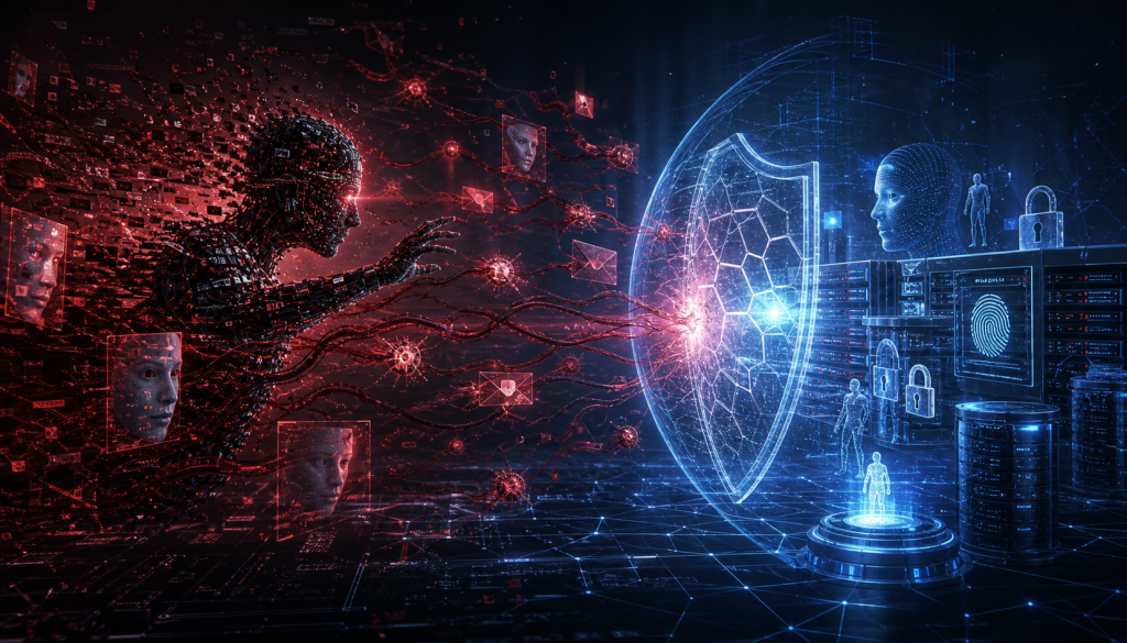 Conceptual cybersecurity scene showing a digital attacker confronting a shield, servers, locks, and biometric security systems