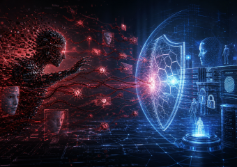 Conceptual cybersecurity scene showing a digital attacker confronting a shield, servers, locks, and biometric security systems