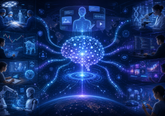 Conceptual illustration of artificial intelligence connecting healthcare, research, finance, robotics, software, and global networks