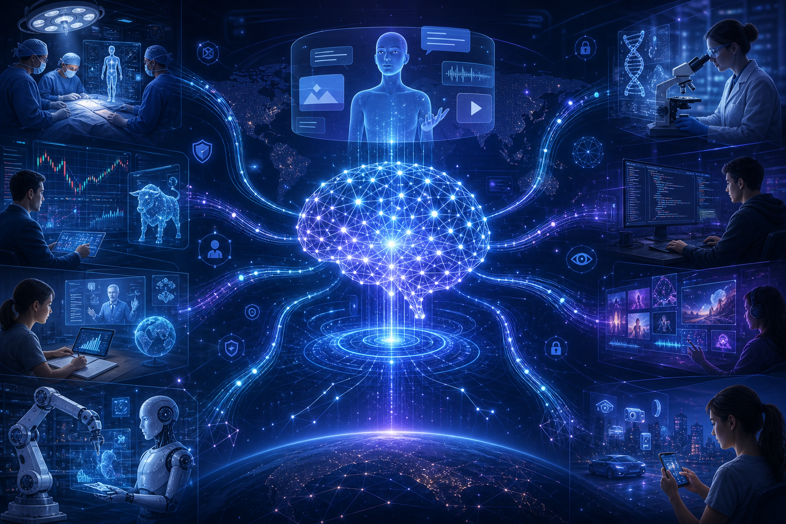 Conceptual illustration of artificial intelligence connecting healthcare, research, finance, robotics, software, and global networks