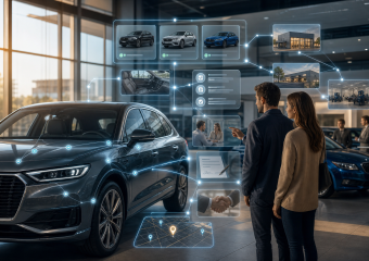 Couple explores a connected digital car-buying experience in a vehicle showroom