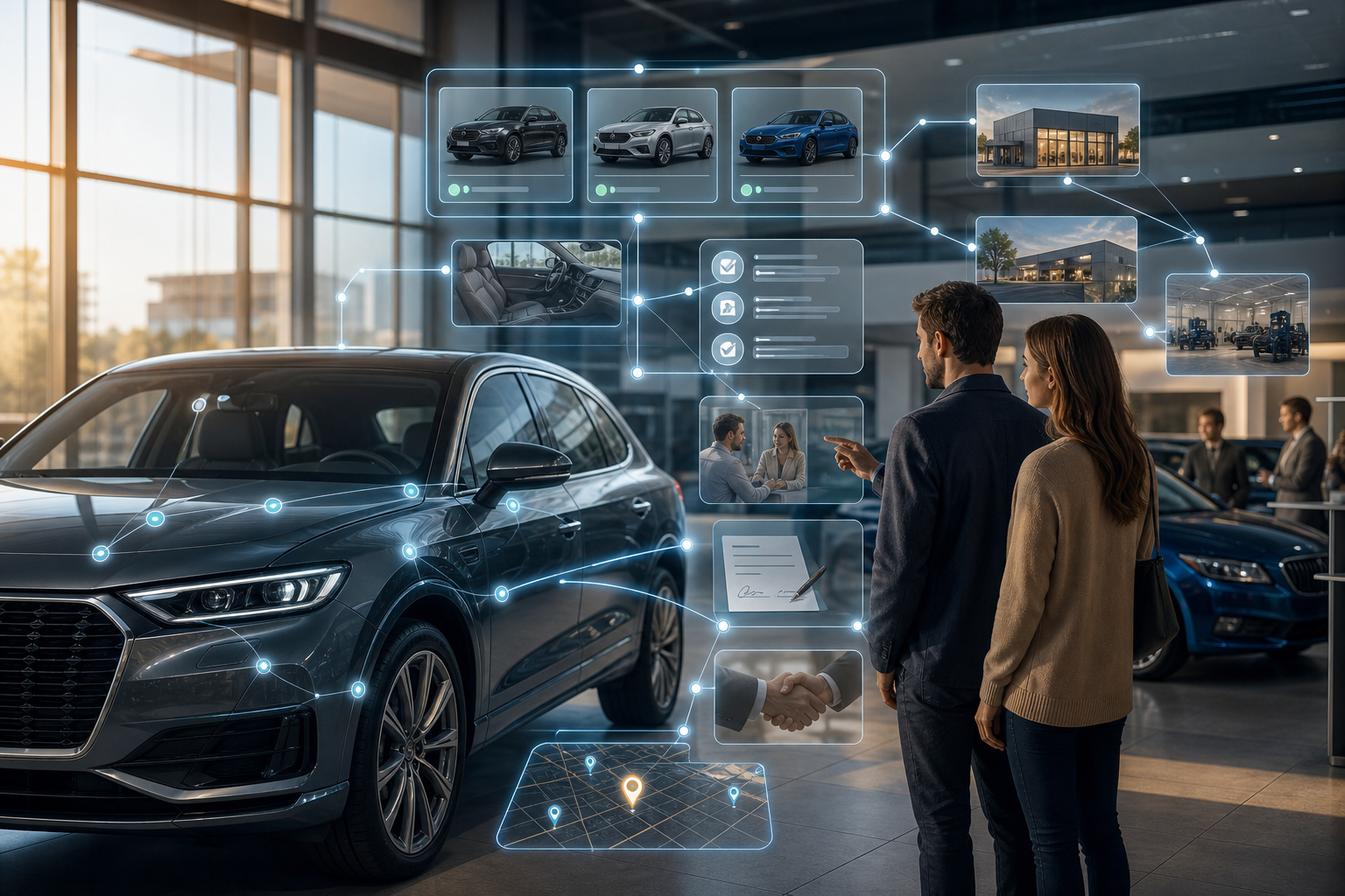 Couple explores a connected digital car-buying experience in a vehicle showroom