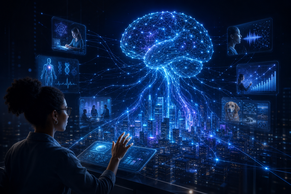 Create a sophisticated editorial-style illustration of neural AI shaping the future of intelligent technology: a luminous artificial neural network made of interconnected nodes and flowing data pathways, evolving from a transparent digital brain into a dynamic modern city and subtle visual elements suggesting healthcare, education, business analytics, language, and image recognition. Include a diverse human researcher observing and guiding the system from the foreground, emphasizing collaboration, transparency, responsibility, and human oversight rather than autonomous control. Use a deep navy and charcoal background with electric blue, cyan, and restrained violet light, elegant volumetric glow, layered data patterns, realistic yet slightly futuristic 3D visualization, cinematic composition, clean negative space, high detail, polished magazine technology feature aesthetic. No text, labels, captions, logos, watermarks, or branding.