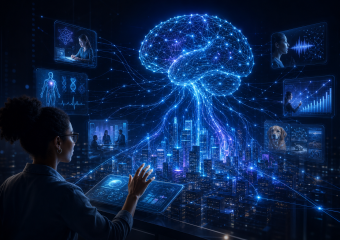 Create a sophisticated editorial-style illustration of neural AI shaping the future of intelligent technology: a luminous artificial neural network made of interconnected nodes and flowing data pathways, evolving from a transparent digital brain into a dynamic modern city and subtle visual elements suggesting healthcare, education, business analytics, language, and image recognition. Include a diverse human researcher observing and guiding the system from the foreground, emphasizing collaboration, transparency, responsibility, and human oversight rather than autonomous control. Use a deep navy and charcoal background with electric blue, cyan, and restrained violet light, elegant volumetric glow, layered data patterns, realistic yet slightly futuristic 3D visualization, cinematic composition, clean negative space, high detail, polished magazine technology feature aesthetic. No text, labels, captions, logos, watermarks, or branding.