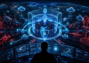 Cybersecurity analyst monitoring global networks and protected servers from a control room
