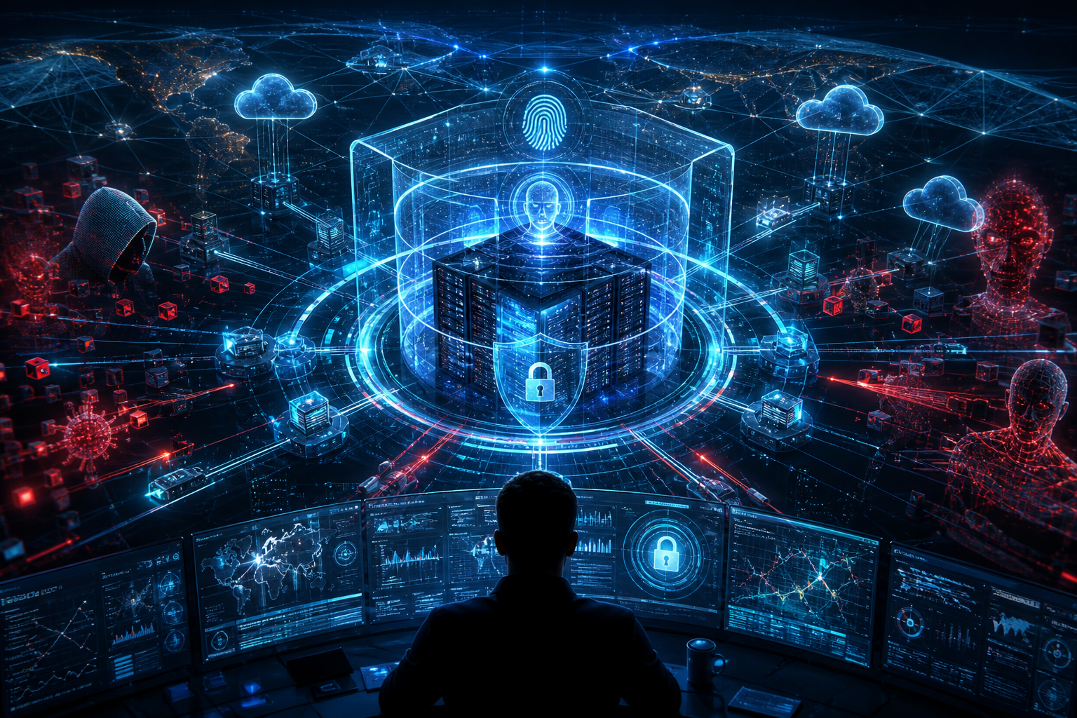Cybersecurity analyst monitoring global networks and protected servers from a control room