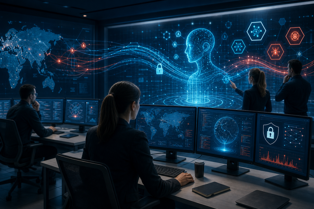 Cybersecurity analysts monitor digital maps, network diagrams, and lock icons in a security operations center