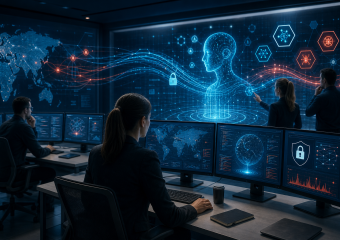 Cybersecurity analysts monitor digital maps, network diagrams, and lock icons in a security operations center