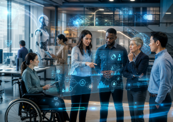 Diverse team collaborating around holographic data displays in a technology-filled office, with a humanoid robot and wheelchair user present