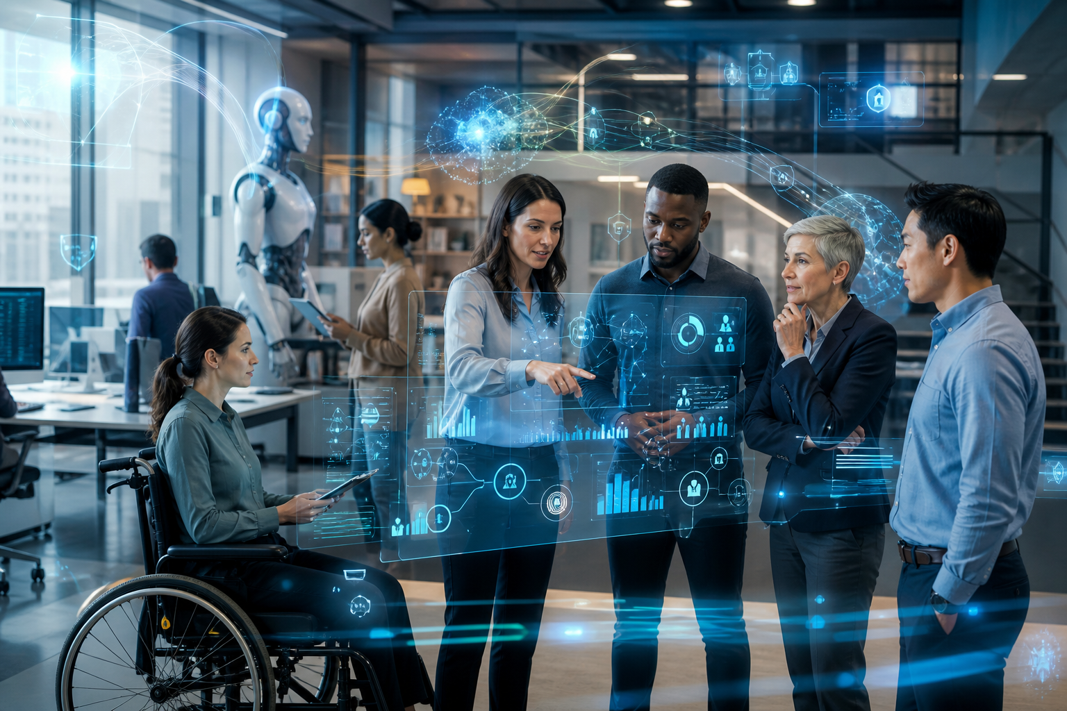 Diverse team collaborating around holographic data displays in a technology-filled office, with a humanoid robot and wheelchair user present