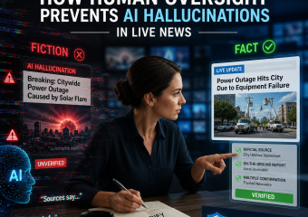Fact-versus-fiction graphic showing human oversight preventing AI hallucinations in live news reporting.