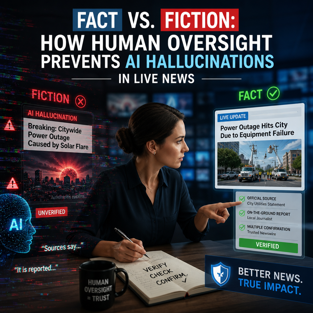 Fact-versus-fiction graphic showing human oversight preventing AI hallucinations in live news reporting.