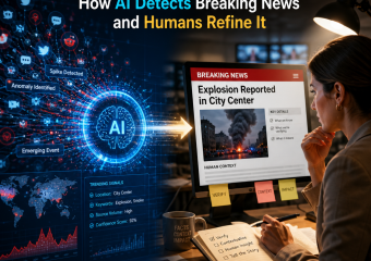 AI detects breaking news signals while journalists verify facts and refine them into a trustworthy story.