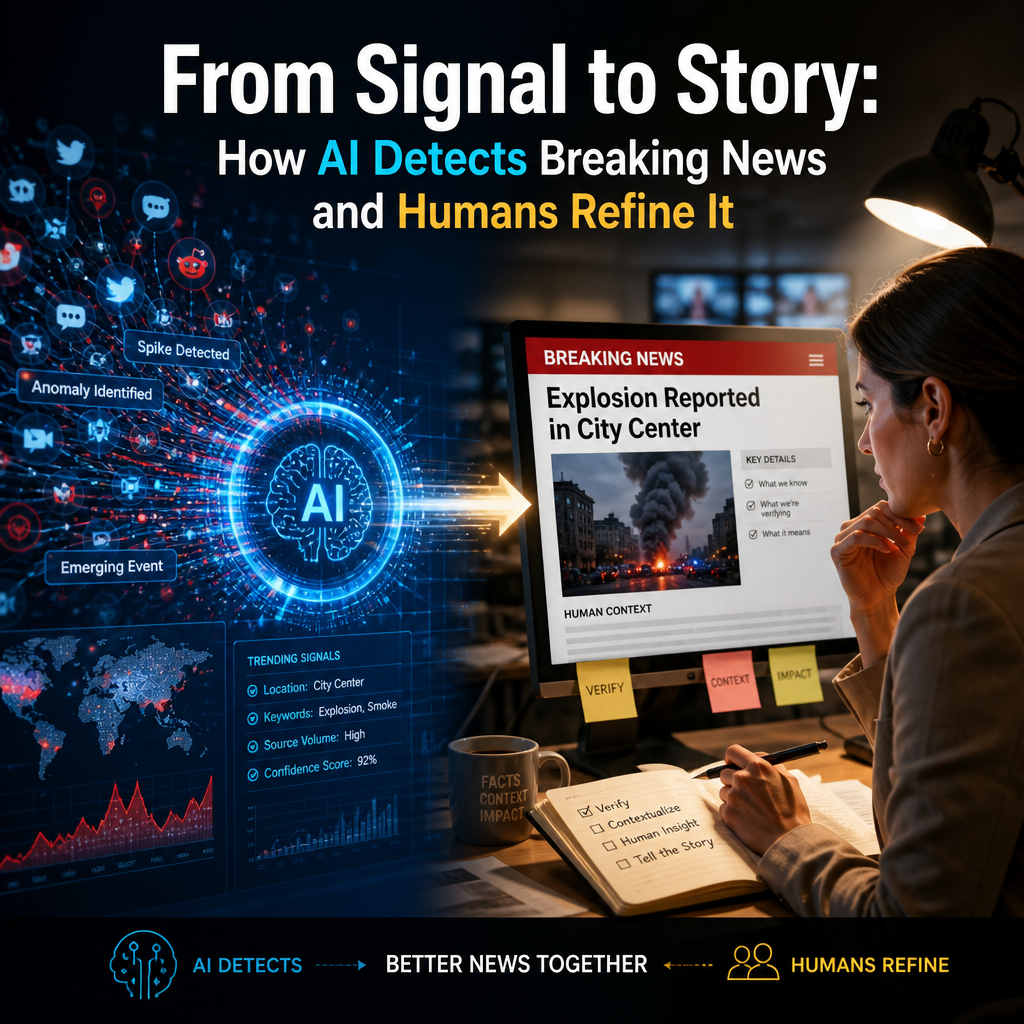 AI detects breaking news signals while journalists verify facts and refine them into a trustworthy story.