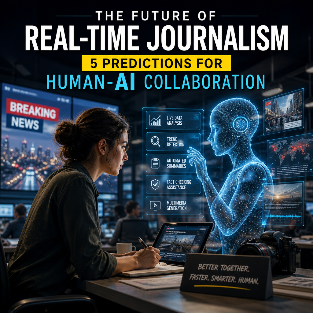 Journalist collaborates with a holographic AI assistant in a real-time newsroom.
