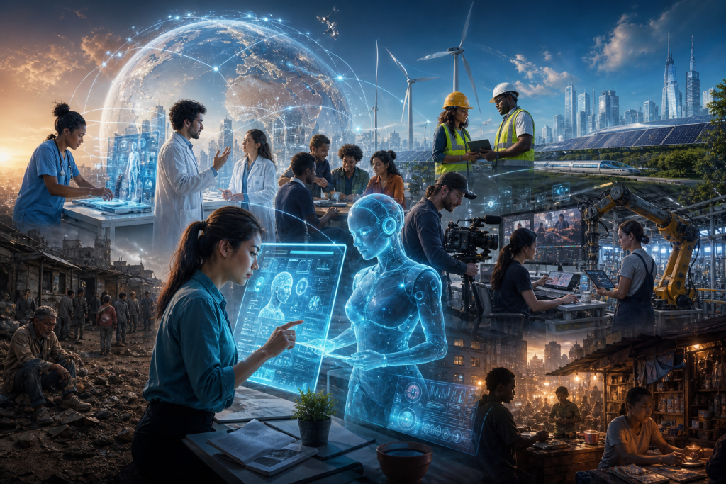 Futuristic collage showing healthcare, renewable energy, AI, robotics, and urban poverty connected by a digital globe