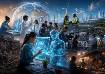 Futuristic collage showing healthcare, renewable energy, AI, robotics, and urban poverty connected by a digital globe