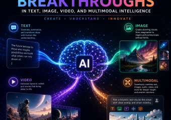 Infographic illustrating generative AI breakthroughs in text, image, video, and multimodal content creation.