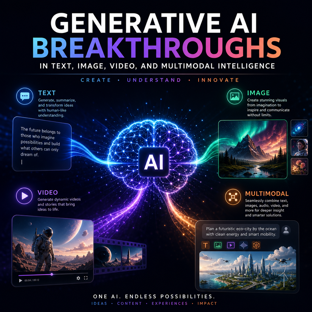 Infographic illustrating generative AI breakthroughs in text, image, video, and multimodal content creation.