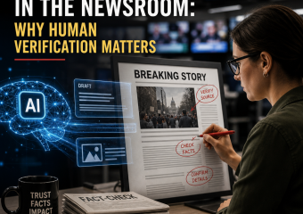 Journalist verifying AI-generated news by checking sources and facts in a modern newsroom.