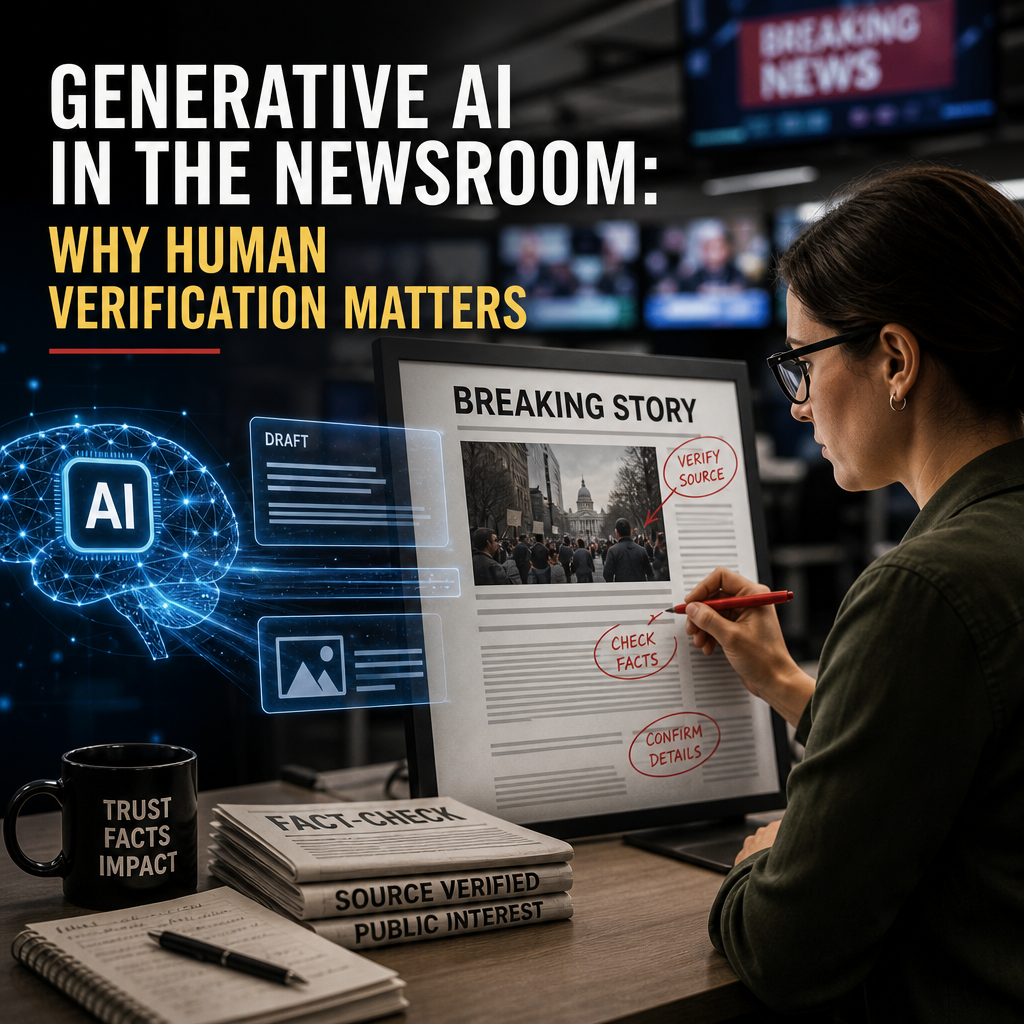 Journalist verifying AI-generated news by checking sources and facts in a modern newsroom.