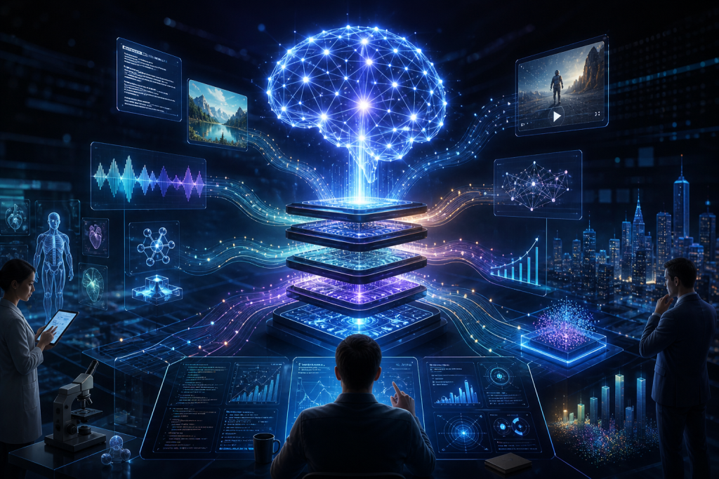 Glowing networked brain above a layered computing platform, surrounded by data visualizations and researchers in a futuristic lab
