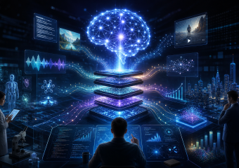 Glowing networked brain above a layered computing platform, surrounded by data visualizations and researchers in a futuristic lab