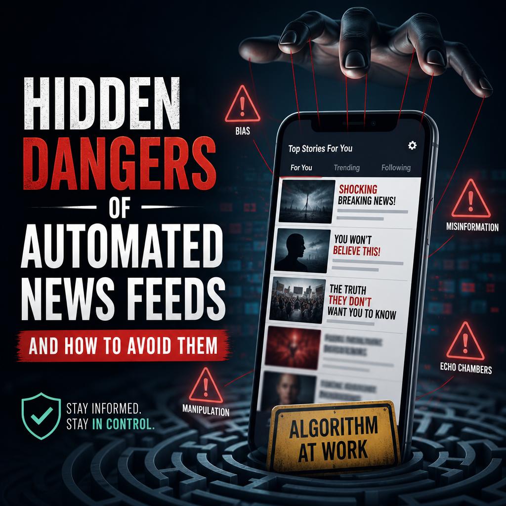 Illustration warning of misinformation, sensational headlines, and algorithmic bias in automated news feeds.