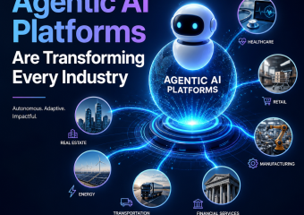 Illustration of agentic AI platforms transforming healthcare, retail, manufacturing, energy, transport, and finance.
