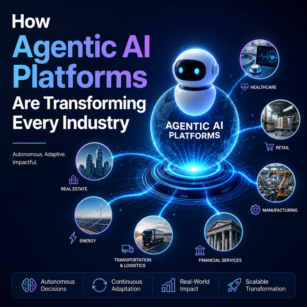Illustration of agentic AI platforms transforming healthcare, retail, manufacturing, energy, transport, and finance.
