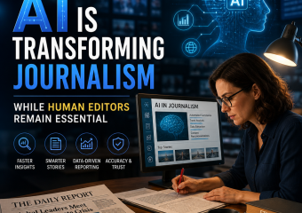 AI in journalism supports human editors reviewing data and news reports for accurate, ethical reporting.