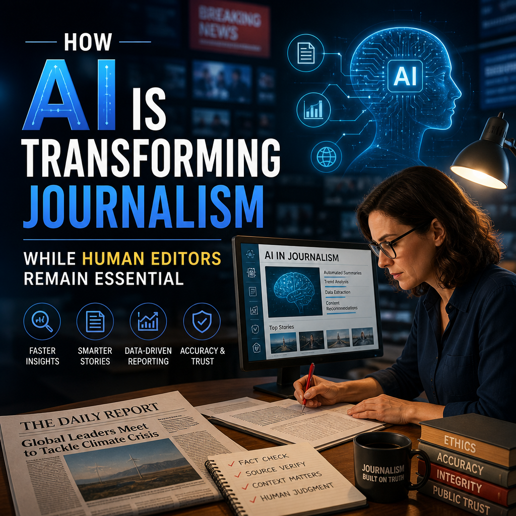 AI in journalism supports human editors reviewing data and news reports for accurate, ethical reporting.
