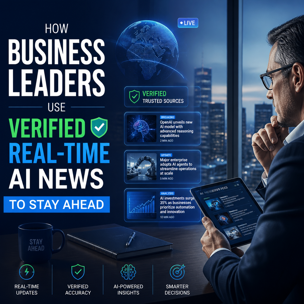 Business leader reviewing verified real-time AI news and market insights on an AI-powered dashboard.
