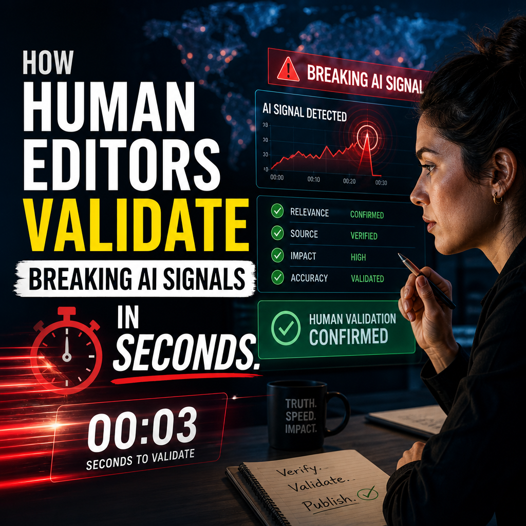 Human editors validate breaking AI signals using a digital dashboard and countdown timer.
