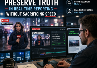 Human editors verify facts and add context to real-time news reporting, preserving accuracy and trust.