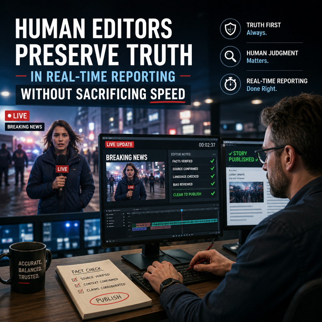 Human editors verify facts and add context to real-time news reporting, preserving accuracy and trust.