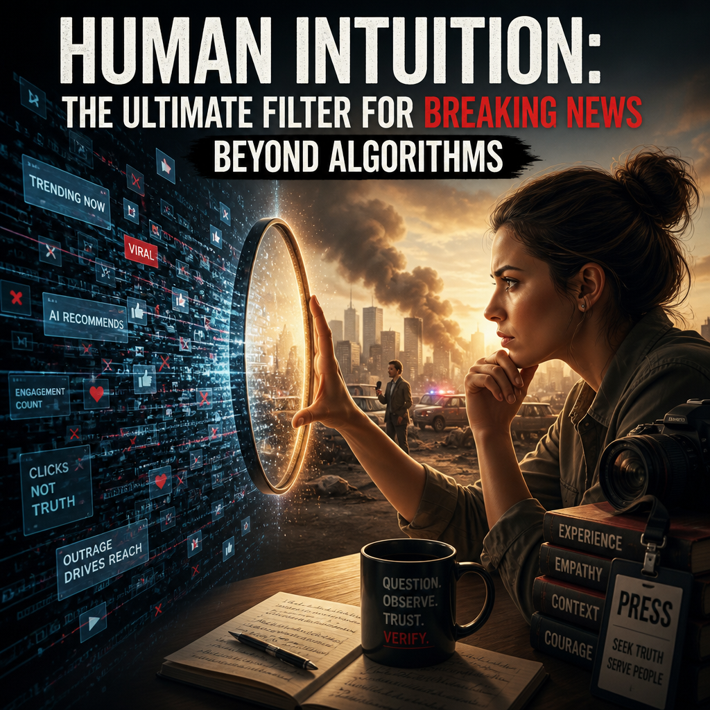 Woman facing a data-filled digital portal and cityscape, symbolizing human intuition guiding breaking news beyond algorithms.