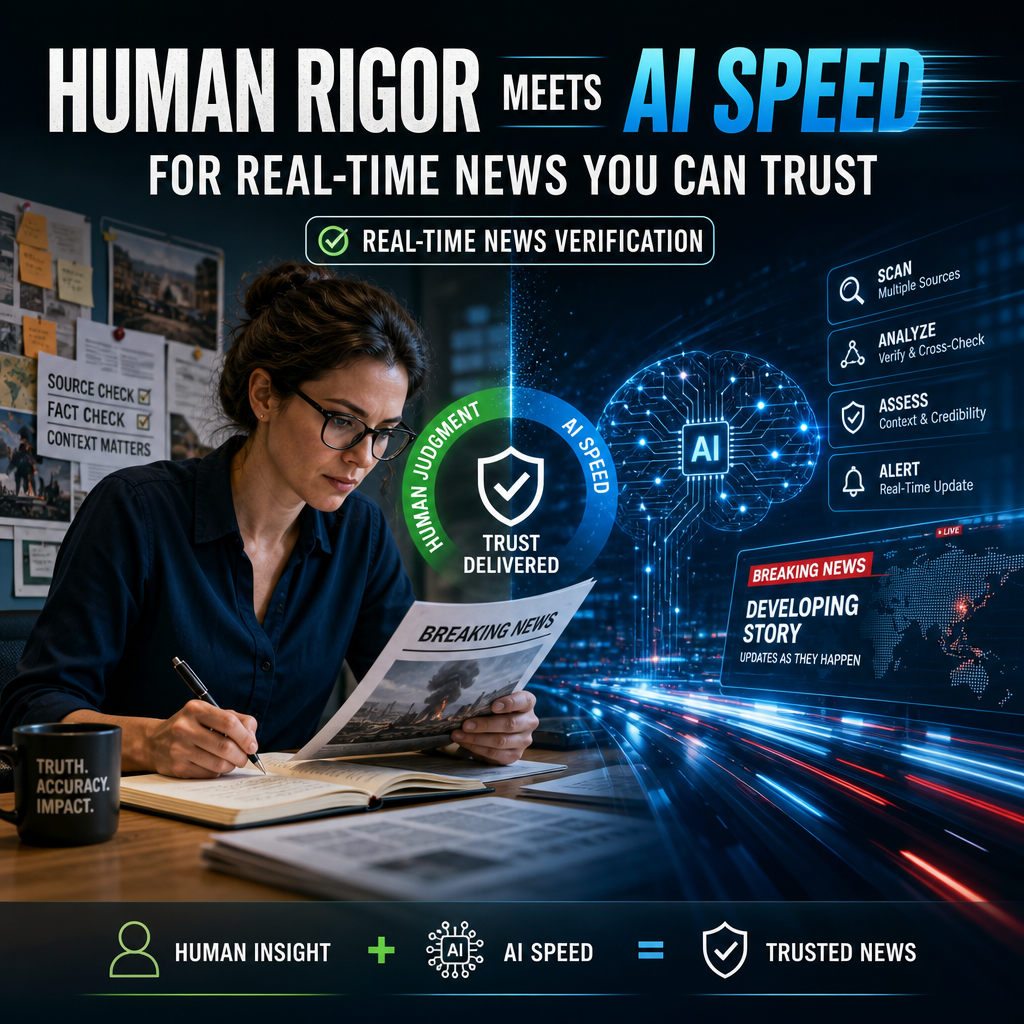 Woman reads a newspaper beside an AI interface illustrating real-time news verification and trusted reporting.