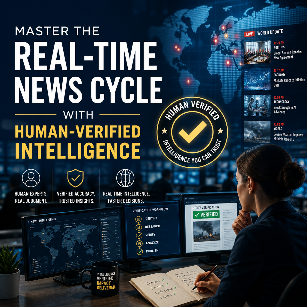 Modern newsroom dashboard showing human-verified intelligence monitoring the real-time news cycle.